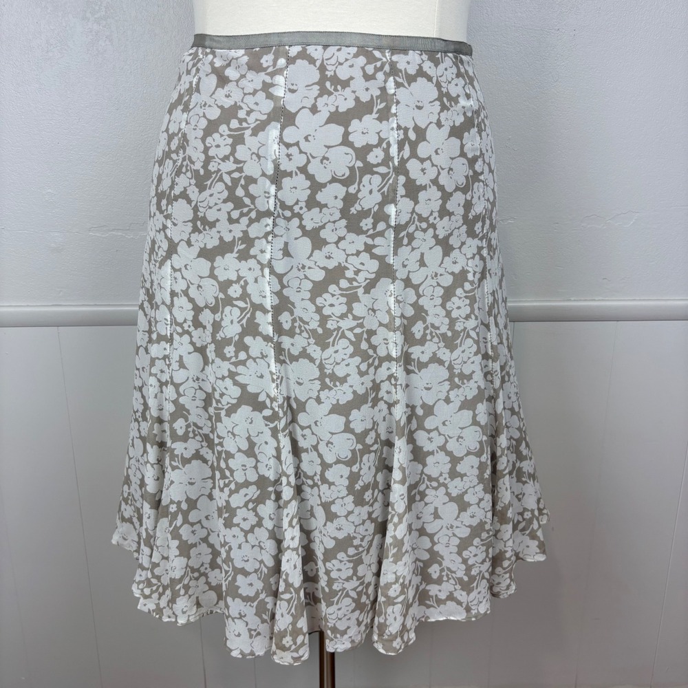 Liz Claiborne Collection Silk Double Layer Midi Skirt Size 16 Taupe Ivory Floral